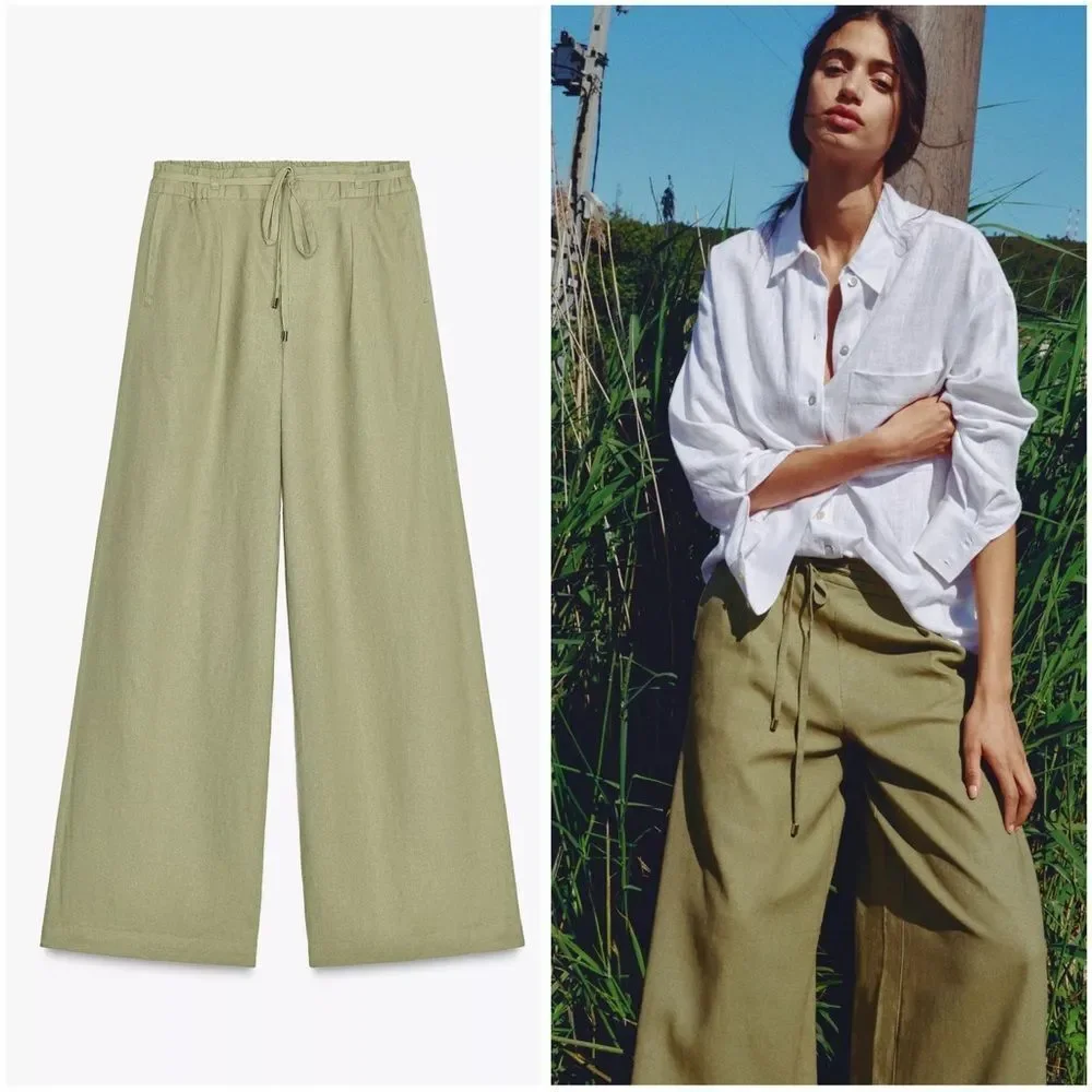ZARA WIDE LEG LINEN PANTS WITH BELT